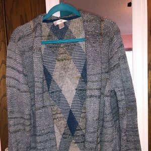 grey and blue knit cardigan